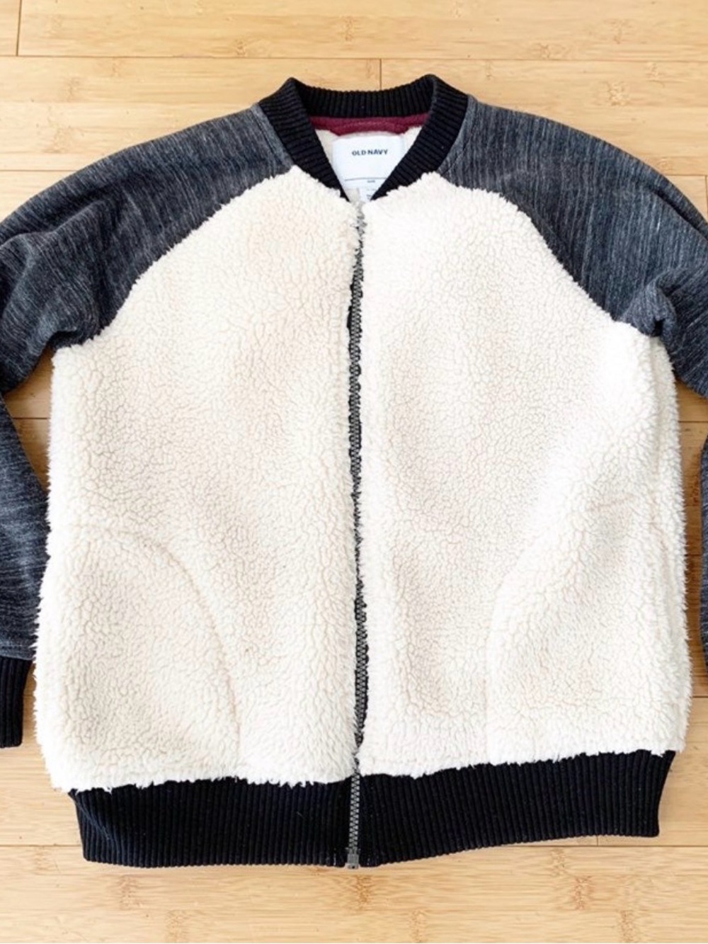 Old Navy Cream Sherpa Bomber Jacket with Gray Raglan Sleeves